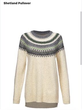 CAbi Shetland Pullover Cream Sweater with Gray and Green Yoke